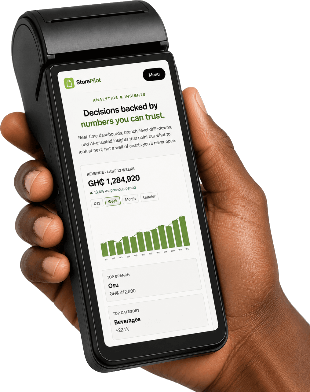 StorePilot open on a handheld POS terminal, showing weekly revenue and top-branch figures.